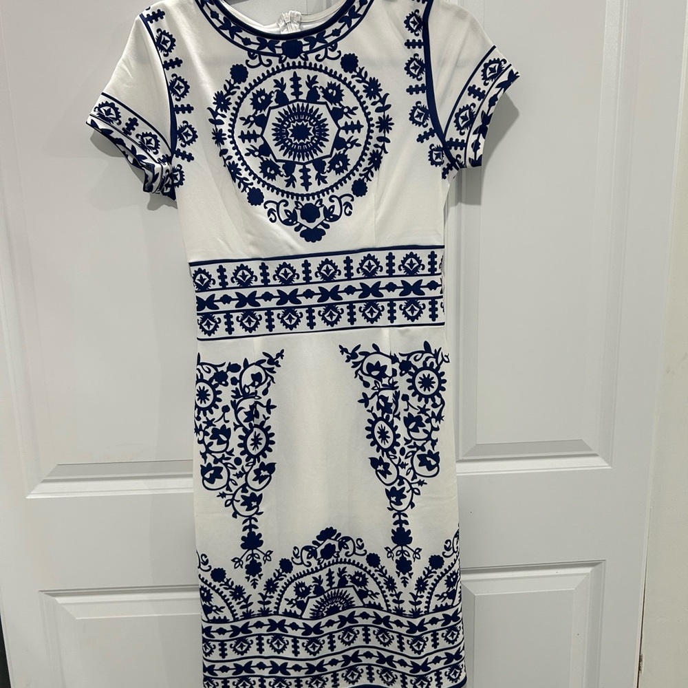 Elegant White and Blue Patterned Dress